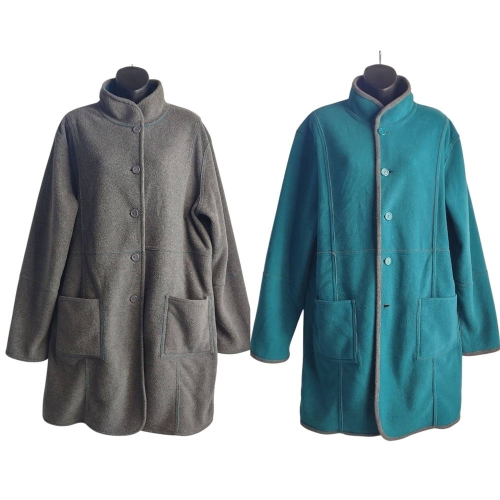 Susan Graver Womens Reversible Gray /Teal Fleece Long Sleeve Button Up Coat Sz L - Picture 2 of 13
